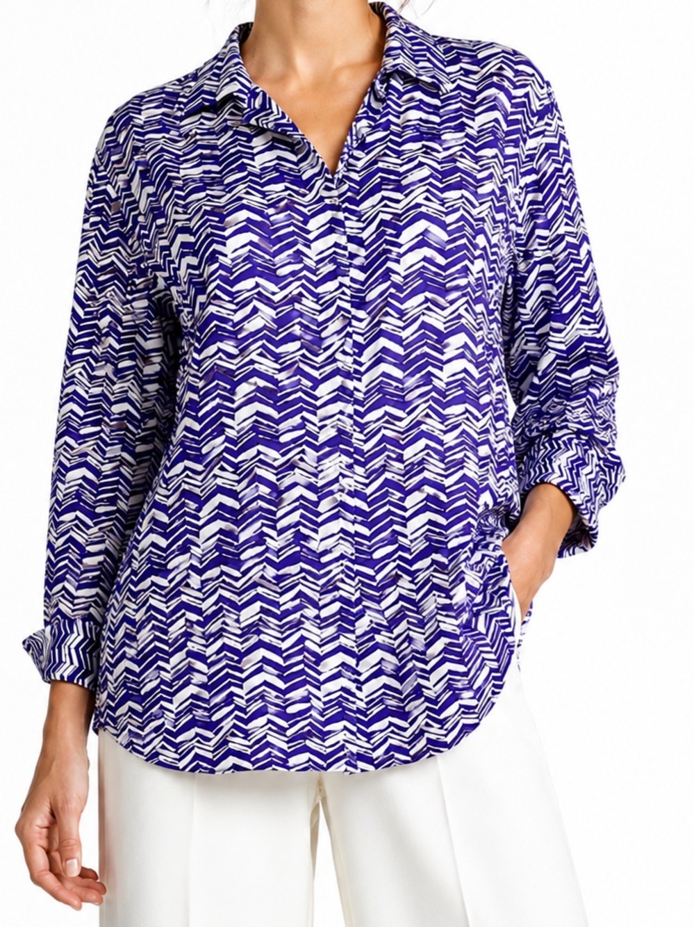 CHICOS Purple & White Chevron Print Button-Down Shirt w Stretch Casual Top